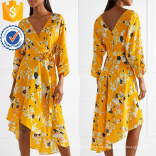 Asymmetrische Hem V-Ausschnitt Langarm Blumendruck Wrap Sommerkleid Herstellung Großhandel Mode Frauen Bekleidung (TA0330D)